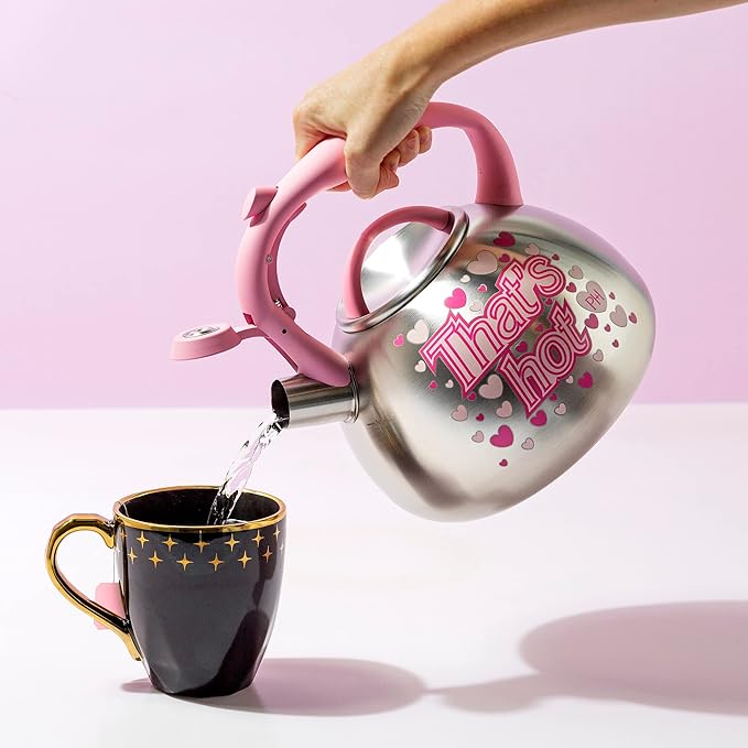 Paris Hilton Whistling Stovetop Tea Kettle, Stainless Steel with Color Changing "That's Hot" Heat Indicator Design, Soft Touch Handle, 2.5-Quart, Pink