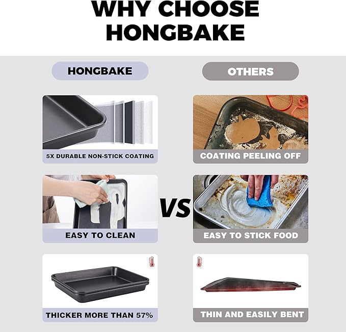 HONGBAKE 2 Pack 9.7X7.5" Toaster Oven Pans for Baking, 57% Thicker Nonstick 1/8 Cookie Sheet Pan Set, Small Baking Tray, Dishwasher Safe and Heavy Duty, Black