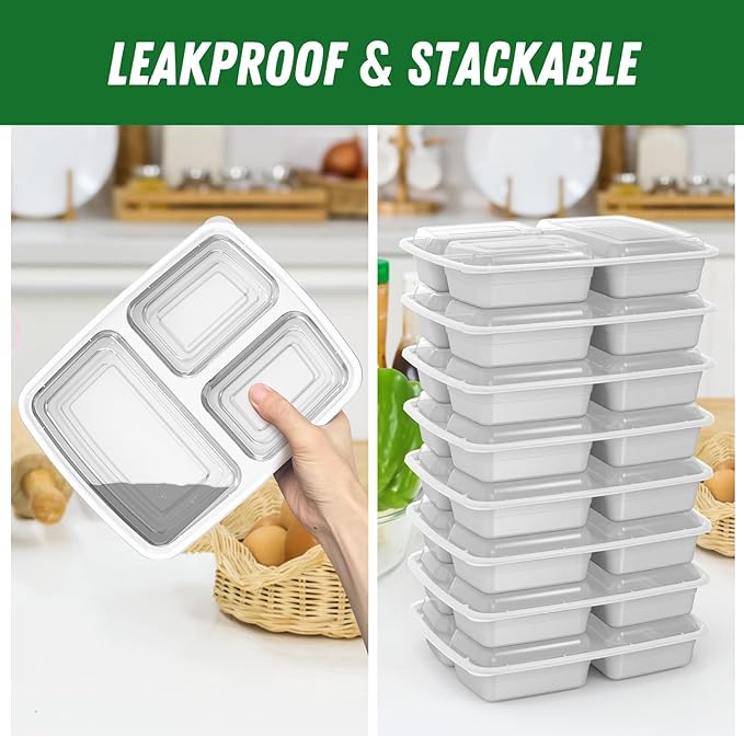 50 Pack (100-Piece) 32 oz Meal Prep Containers Reusable with Lids 3-Compartment, To Go Take Out Plastic Food Storage Containers, Sturdy Leakproof Food Safe, Microwave Freezer Dishwasher Safe, Silver