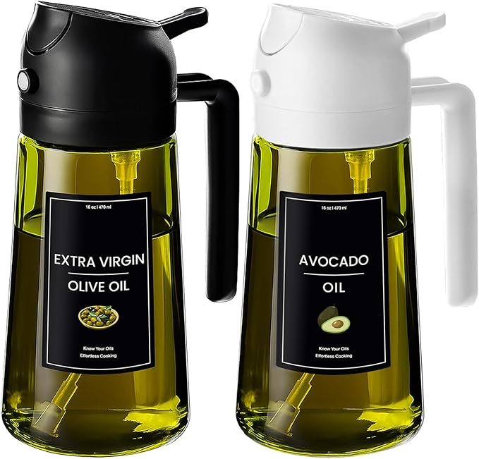 CXINYI - 16oz/470ml Olive Oil Dispenser for Kitchen with Stickers - 2 in 1 Olive Oil Sprayer for Cooking, Air Fryer, and Salad, Black&White (Light-Proof Kitchen Gadget)