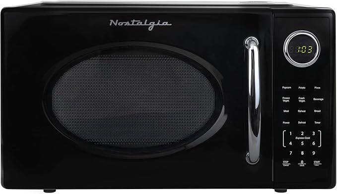 Nostalgia Retro 1000W Microwave Oven 1.1 Cu Ft Capacity – Child Safety Lock, 8 Auto-Cook Settings – Countertop Kitchen Appliance – Black