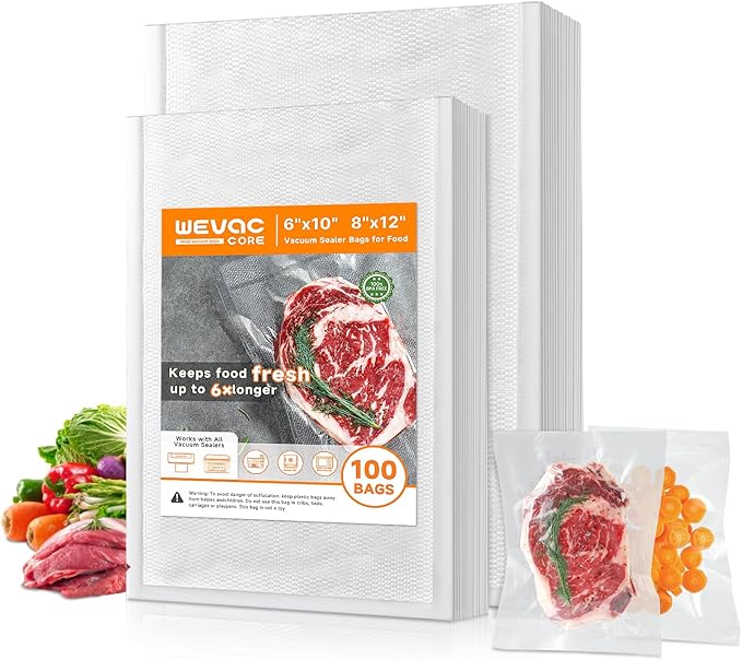 Wevac Vacuum Sealer Bags – 100 Count (6″×10″ & 8″×12″), Heavy-Duty BPA-Free Food Storage Bags, Puncture-Resistant, Freezer & Sous Vide Safe, Compatible with All Vacuum Sealers