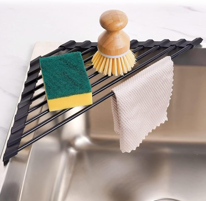 Tomorotec Small Triangle Roll-Up Dish Drying Rack with Silicone Coating Stainless Steel Frame for Sink Corners, Multipurpose Over-The-Sink Kitchen Drainer & Organizer for Space-Saving Storage (Black)