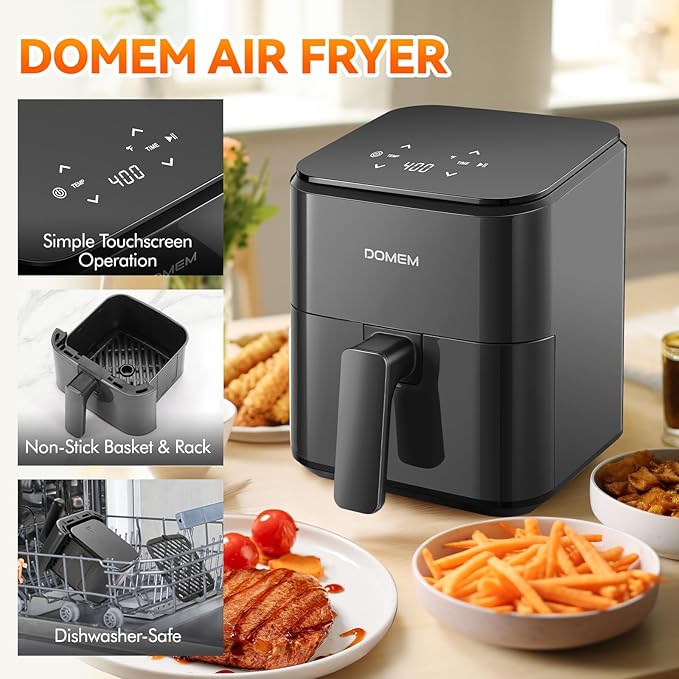 3 Qt Compact Air Fryer with Non-Stick Basket and Rack, User Friendly Simple Touchscreen, Cook in Simple Steps, Low-Oil Cooking Small Air Fryer, Space Saving Cooker