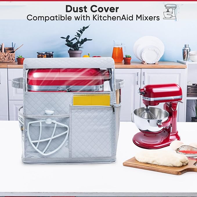 BAGSPRITE Stand Mixer Cover with Detachable Appliance Sliders Base Compatible with KitchenAid Mixer-Storage Bag for 4.5/5 Quart with Pockets for Kitchen Aid Accessories and Attachments