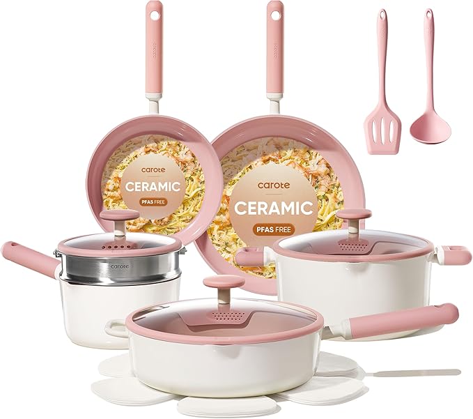 CAROTE Ceramic Cookware Set Nonstick, 15pcs Pots and Pans Set Non stick, Non Toxic Cookware,Dishwasher,RV/Camping Cookware Set, Pan and Pot with Kitchen Utensils, Pink
