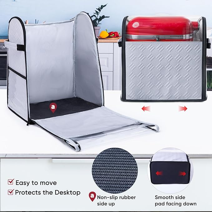 BAGSPRITE Full Open Stand Mixer Cover with Slider Base Compatible with KitchenAid 4.5/5 Qt Bowl-Lift Mixers – Dustproof Quilted Kitchen Aid Mixer Cover with Pockets for Accessories & Attachments