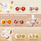 Mini Food Processor Cordless Set with Multiple 3*(400ml+250ml+100ml) Bowls＆ 6+3+2 Blades, Small Garlic Chopper Mincer, USB Rechargeable Battery Vegetable Chopper,Wireless Electric Meat Blender Grinder
