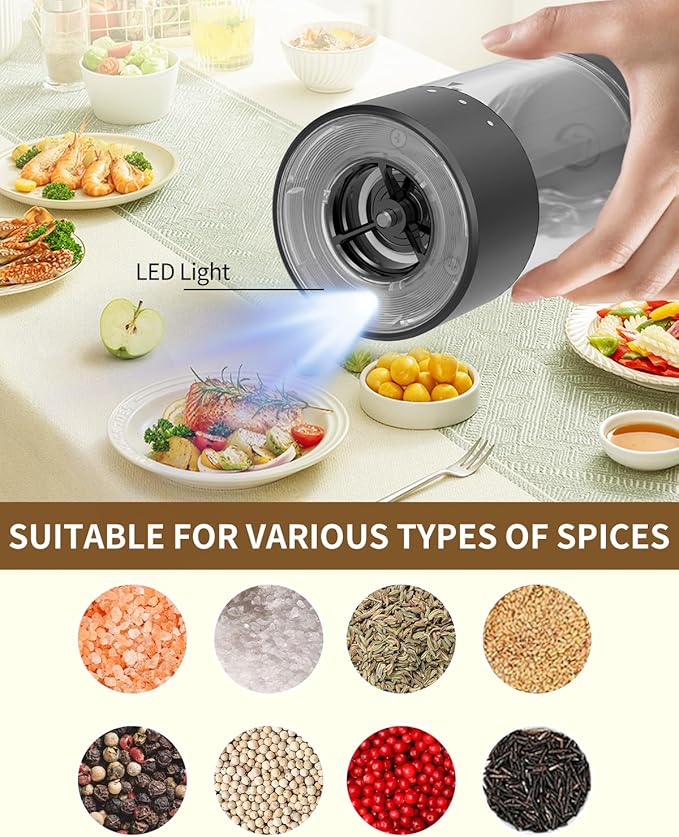 CIRCLE JOY Electric Salt and Pepper Grinder Set Rechargeable Salt and Pepper Mills with 6-Level External Adjustable Coarseness, White LED Light and Storage Base, Black