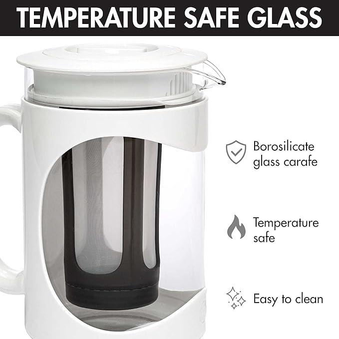 Primula Burke Deluxe Cold Brew Iced Coffee Maker, Comfort Grip Handle, Durable Glass Carafe, Removable Mesh Filter, Perfect 6 Cup Size, Dishwasher Safe, 1.6 qt, White