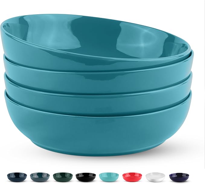 KooK Pasta Bowl, Salad Bowls, Soup, Serving Bowls, Ceramic, Large Capacity, Microwave & Dishwasher Safe, Set of 4, 40 Oz,(Ocean Blue)