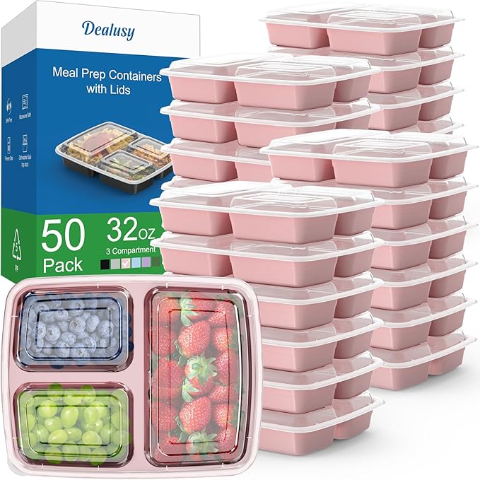 50 Pack (100-Piece) 32 oz Meal Prep Containers Reusable with Lids 3-Compartment, To Go Take Out Plastic Food Storage Containers, Sturdy Leakproof Food Safe, Microwave Freezer Dishwasher Safe, Pink