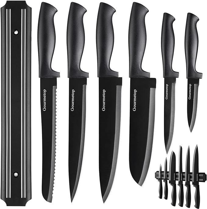 Gourmetop Kitchen Knife Set with No Drilling Magnetic Strip for Kitchen Black Titanium Small Cooking Knives, Sharp Stainless Steel Chef Knife Set for Cutting Meat & Vegetable
