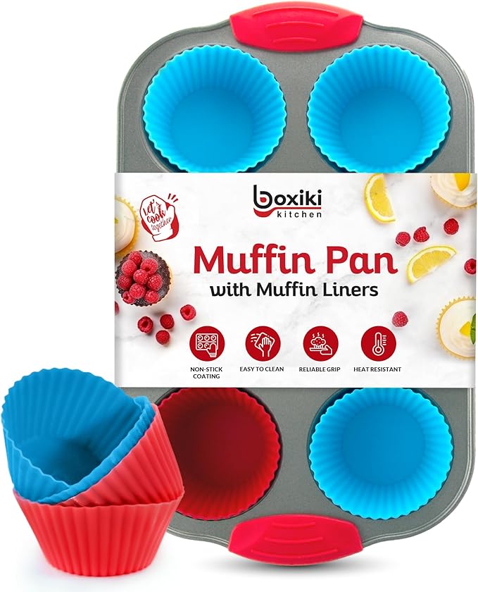 Boxiki Kitchen Non-Stick Steel 6 Cup Muffin Pan with Silicone Handles and Reusable Liners - Perfect for Baking Large Muffins and Cupcakes