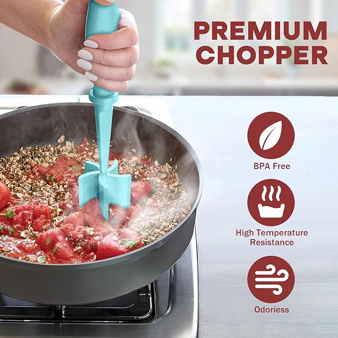 2 Pcs Meat Chopper, Upgrade Hamburger Grinder, Premium Heat Resistant Meat Masher for Ground Beef, Nylon Smasher Tool, Non Stick Mix Chopper, Hamburger Smasher Safe-Aqua