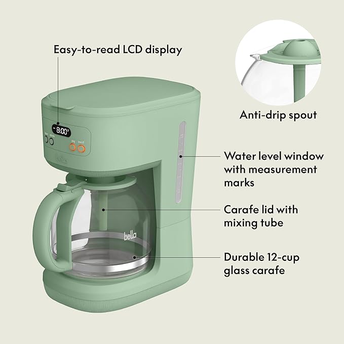 bella 12 Cup Programmable Coffee Marker, Reusable Dishwasher Safe Accessories, Easy LCD diaply, Auto Shutoff, 900 watt, Seaglass