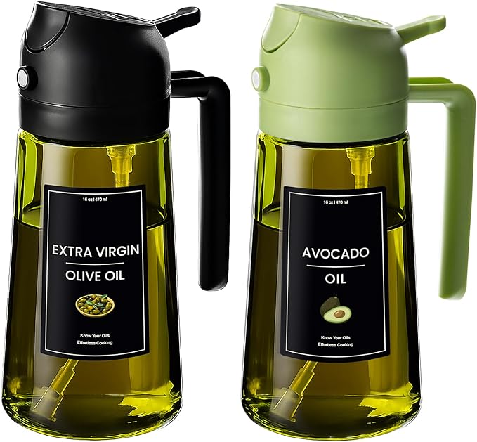 CXINYI - 16oz/470ml Olive Oil Dispenser for Kitchen with Stickers - 2 in 1 Olive Oil Sprayer for Cooking, Air Fryer, and Salad, Black&Green (Light-Proof Kitchen Gadget)