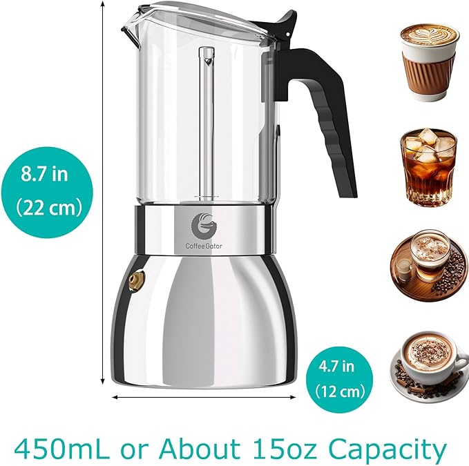 Coffee Gator 9 Cup Moka Pot, 15oz Stovetop Espresso Maker for Italian Coffee, Transparent Glass & Stainless Steel Design, Silver, 450ml