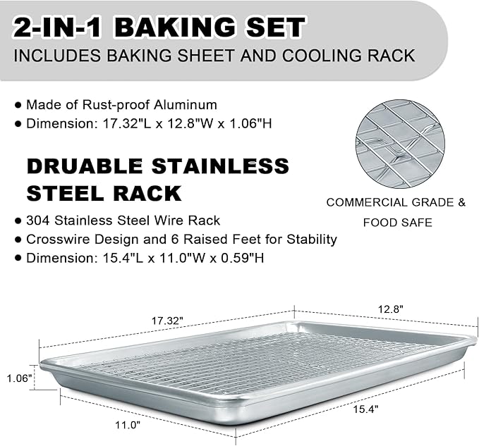 Half Sheet Pans with Rack Set, 18 Inch Commercial Quality Baking Sheet Pan Set, Natural Aluminum Cookie Sheet, Warp Resistant Nonstick Thick Cookie Tray Pans for Baking, Roasting