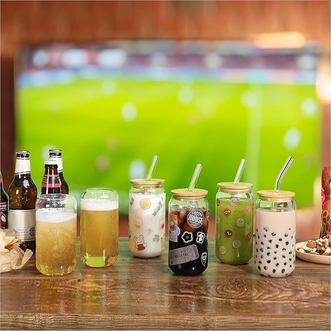 NETANY 20 Pack Glass Cups with Lids and Straws 16 oz, Personalized Customizable Glasses for Gift, Business, Drinking glasses set, Iced Coffee Cup, Cute Aesthetics Tumbler for Tea, Homemade Drinks