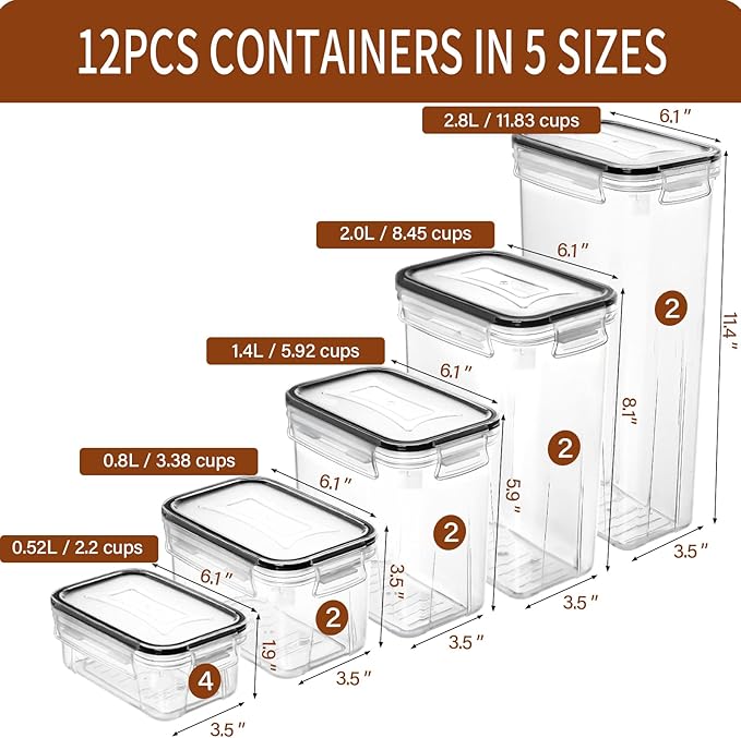 PRAKI Airtight Food Storage Containers with Lids, 12PCS Plastic Kitchen Storage Containers for Pantry Organizers and Storage - Cereal, Rice, Flour and Sugar Containers with Labels & Marker