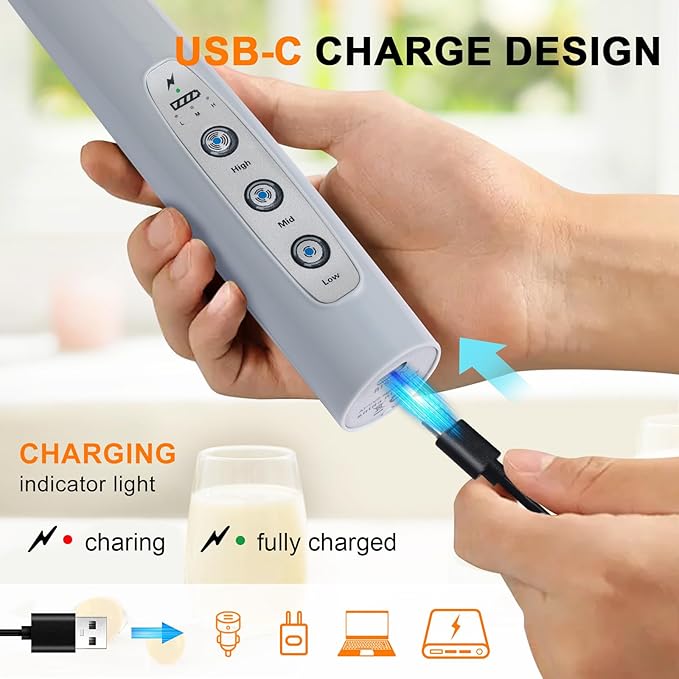YUSWKO Handheld Milk Frother for Coffee, Rechargeable Drink Mixer with 3 Heads 3 Speeds Electric Whisk Coffee Frother For Latte, Cappuccino, Hot Chocolate, Egg - Cement Gray