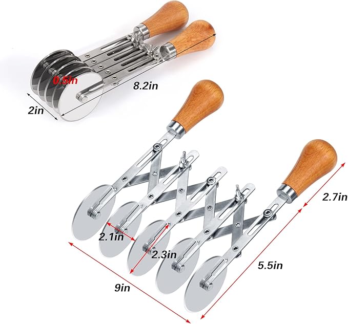Juome 5 Wheel Pastry Cutter with Wooden Handle, Multi-Round Wheel Pasta Dough Cutter Roller Pizza Slicer Accordion Pastry Knife Divider Tool