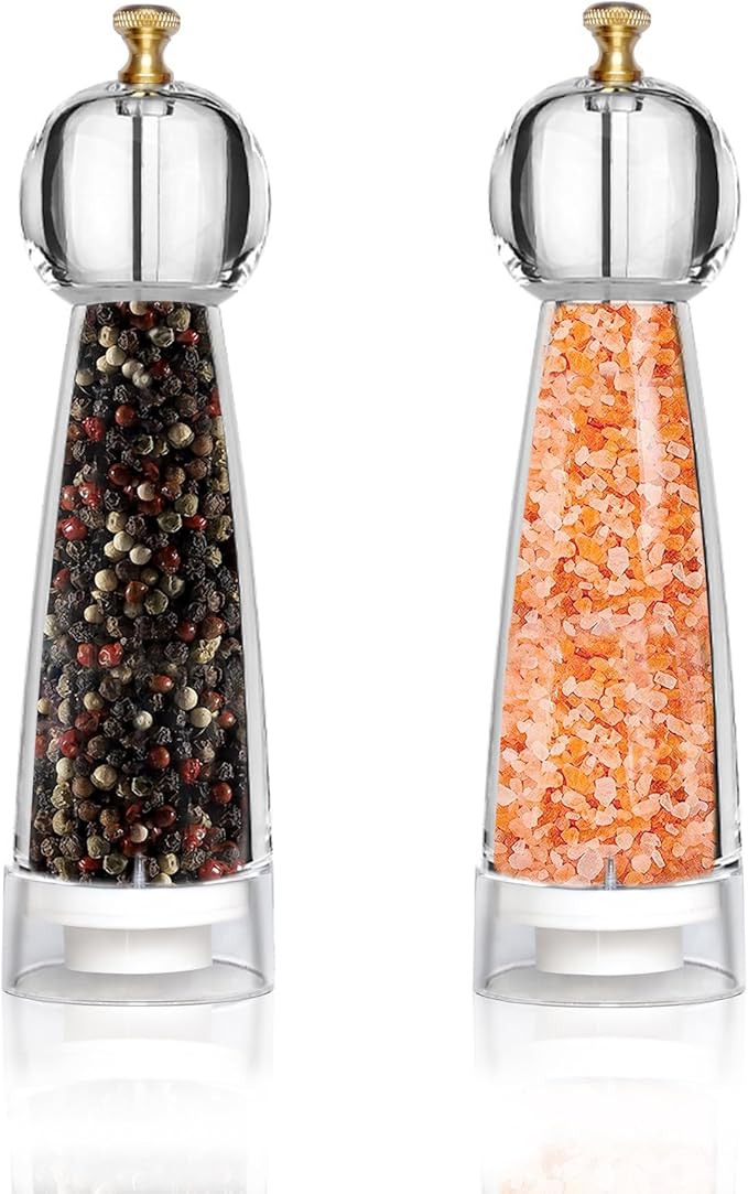 Salt and Pepper Grinder Set, Pepper Mills Classic Manual Transparent Acrylic Rotor, 2PCS 8IN Large Capacity Pepper & Salt Grinder Seasoning Bottle, Ceramic Core Adjustable Coarseness for Fresh Spices