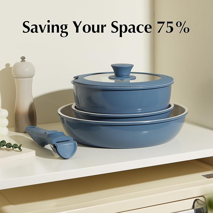 Redchef Ceramic Cookware Set, Removable Handle Pots and Pans Non-Stick, Rv Cookware Set, Non-Toxic Pots and Pans Set No PFAS, PTFE, PFOA, Detachable Pots and Pans, Dishwasher & Oven Safe(Blue)