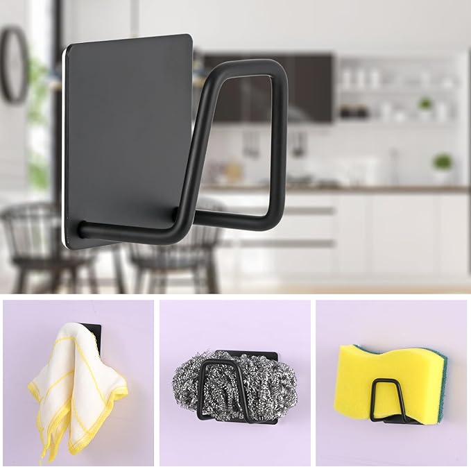 Adhesive Sponge Holder for Kitchen Sink, SUS304 Stainless Steel Scrubber Hanger Caddy Accessories Storage Rack Stand for Scratch Scrub Dishcloth Dishrag Exfoliator Strainer Stopper