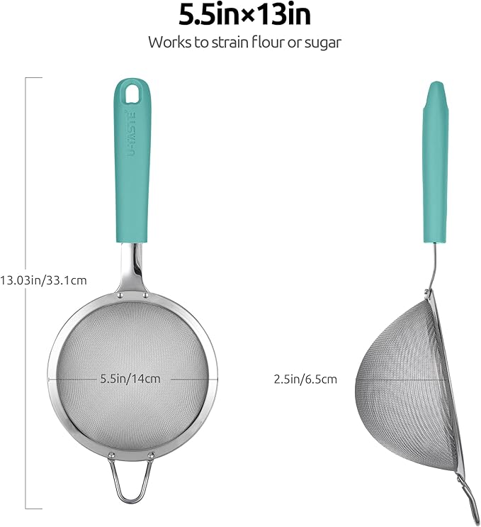 18/8 Stainless Steel Mesh Strainer: U-Taste 5.5 Inch Kitchen Fine Mesh Sieve Food Colander with Riveted Sturdy Silicone Handle and 30 Mesh Hole for Straining Flour, Pasta, Fruit, Quinoa(Aqua Sky)