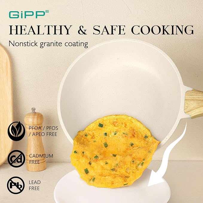 GiPP Pots and Pans Set Non Stick - 14 Pcs White Granite Kitchen Cookware Sets Nonstick Induction Cookware Cooking Pan Set with Frying Pans, Saucepans and Silicone Utensils, PFOS & PFOA Free