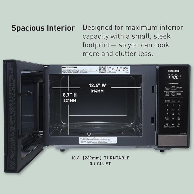 Panasonic NN-SB438S Compact Microwave Oven, 0.9 cft, Black Stainless Steel