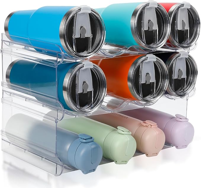 Stackable Water Bottle Organizer, Large Compartment Water Bottle Holder, 3 Tier Water Bottle Organizer for Cabinet, Water Bottle Rack for Kitchen Organization and Storage - Hold 12 Bottles
