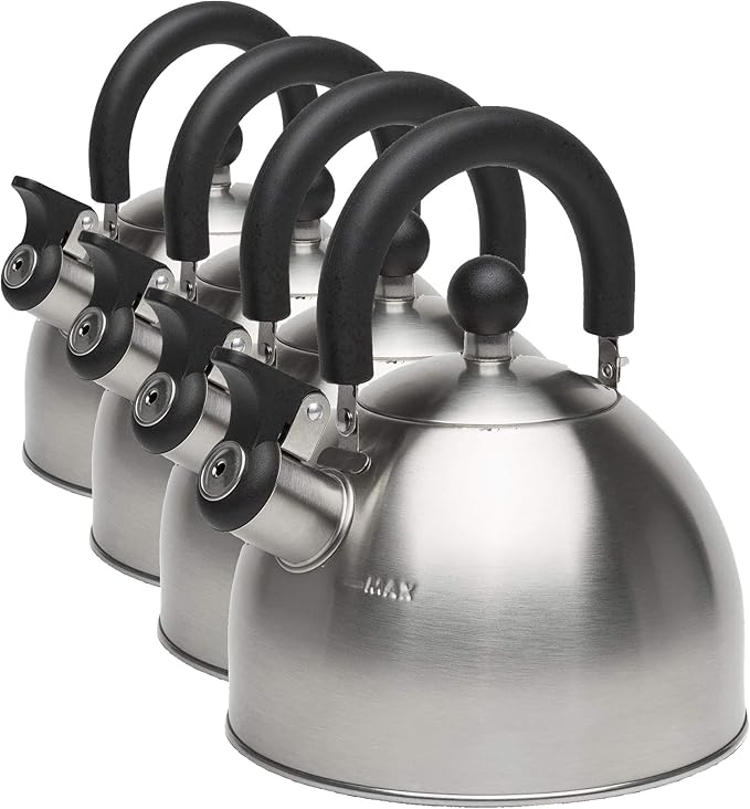 Primula Stewart Whistling Stovetop Tea Kettle Food Grade Stainless Steel, Hot Water Fast to Boil, Cool Touch Folding, 1.5-Quart, Brushed with Black Handle (Pack of 4)