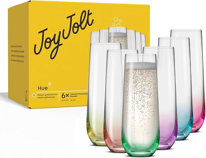 JoyJolt Hue Stemless Champagne Flutes Set of 6 Colored Glasses, 9.5oz Cocktail Glass Set for Mimosa, Stemless Champagne Glasses, Prosecco Wine Flute, Bar Glassware