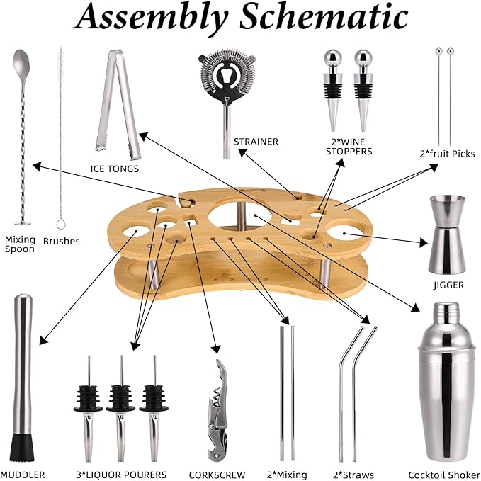 Cocktail Shaker Set, 19 Piece Bartender Kit, Silver, Bar Tool Set with Cocktail Shaker, Mixer Spoon, Measuring Cup, Strainer, Muddler, Corkscrew, Tongs