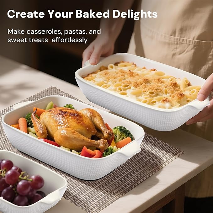 Ceramic Casserole Dishes Set of 3, Stoneware Baking Pans for Oven, Rectangular Lasagna Dish & Bakeware Set, Pink (14.7’’/12.4’’/10.3’’)