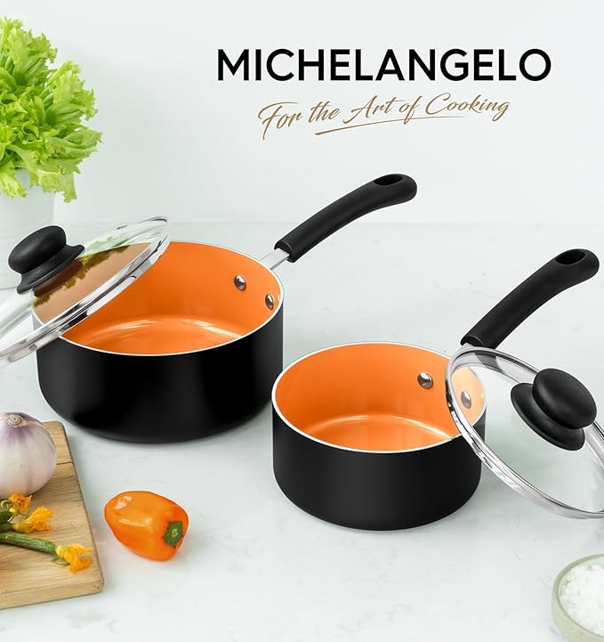 MICHELANGELO Nonstick Sauce Pan With Lid, 1QT&2QT Ceramic Saucepan, Copper Saucepans,PFAS-FREE Pot Set,Small Pots For Cooking,Multipurpose Cooking Pots Set For Home Kitchen,Dishwasher Safe