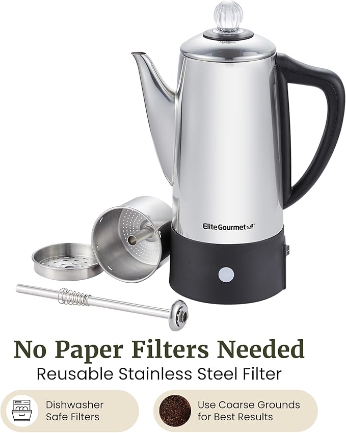 Elite Gourmet 6-Cup Electric Coffee Percolator – Stainless Steel, Fast Brewing, Keep Warm with Auto Shut-Off, Clear Brew Progress Knob, Cordless Serving Base, Reusable Filter, 1000W