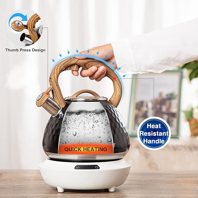 Tea Kettle, Toptier Teapot Whistling Kettle with Wood Pattern Handle Loud Whistle, Food Grade Stainless Steel Tea Pot for Stovetops Induction Diamond Design Water Kettle, 2.7-Quart Black