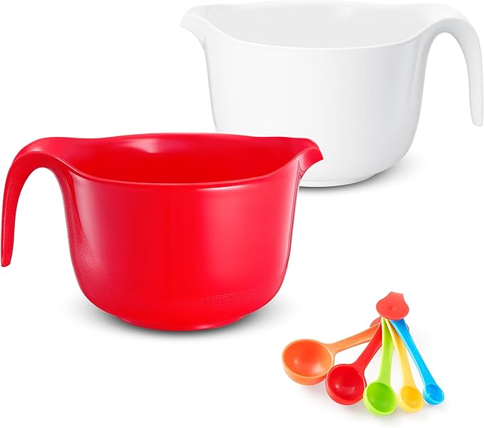 Large Mixing Bowls with Handles 3.6 qt - 2 Pc Plastic Nesting Bowls for Kitchen, Lightweight Batter Bowls, Easy to Clean + 5 Measuring Spoons Set