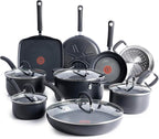 T-fal Ultimate Hard Anodized Nonstick Pots and Pans Set 14 Piece, Oven Broiler Safe 400F, Kitchen Cooking Set w/Fry Pans, Saucepans, Griddle, Dutch Oven, Dishwasher Safe, Cookware, Onyx