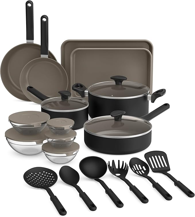 bella 21 Piece Kitchen Set with EverGood™ Ceramic Nonstick Coating, Dishwasher & Oven Safe, All Stovetops Compatible, Tempered Glass Lids & Cool Touch Handles, Black