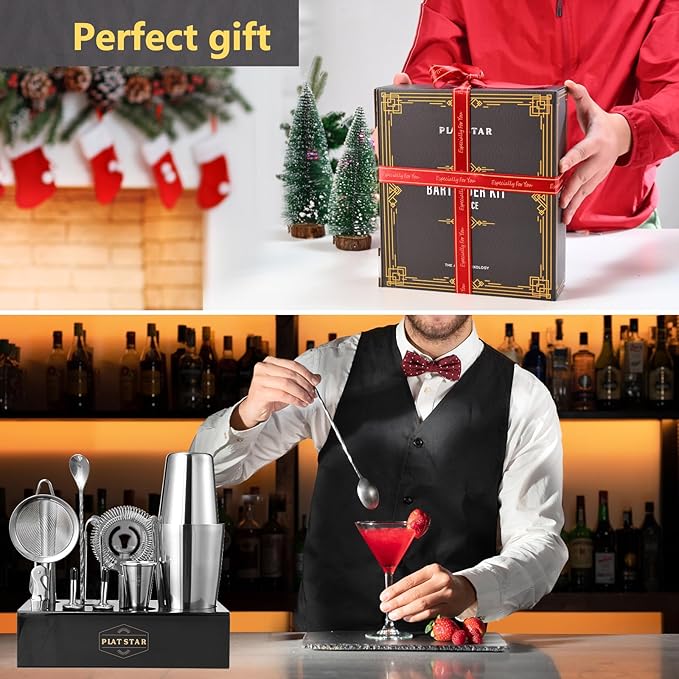 Mixology Bartender Kit with Stand, Home Bar Set Cocktail Shakers Bartending Kit, Bar Tools Boston Shaker Set, Professional Drink Mixing Martini Making Barware with Recipe Book