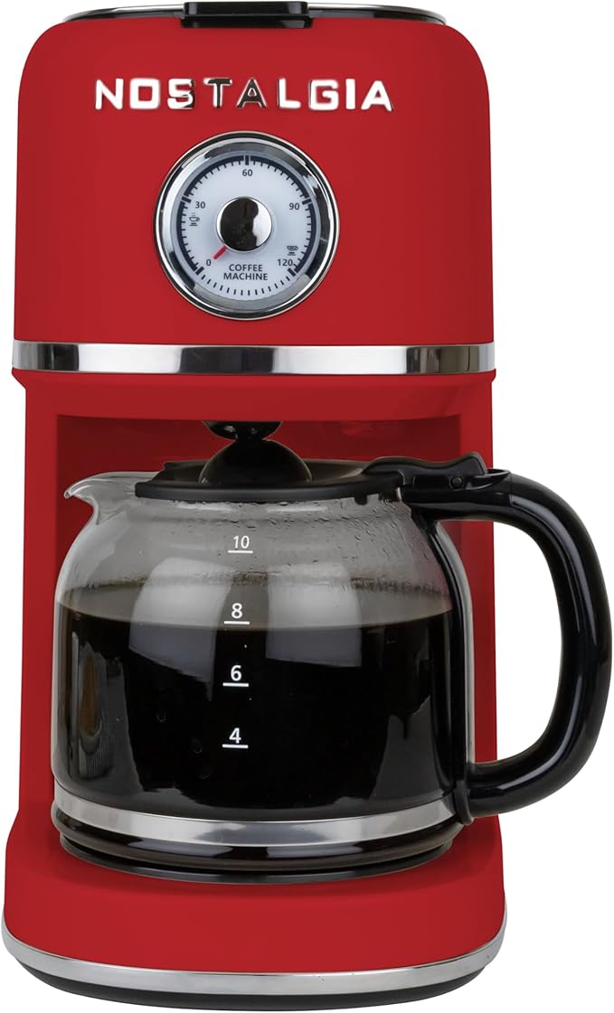 Nostalgia Classic Retro 10 Cup Coffee Maker - One-Touch Drip Brew, Reusable Filter - Anti-Drip, Auto Shutoff, & Time Display - Dishwasher Safe 50 oz Carafe - Red