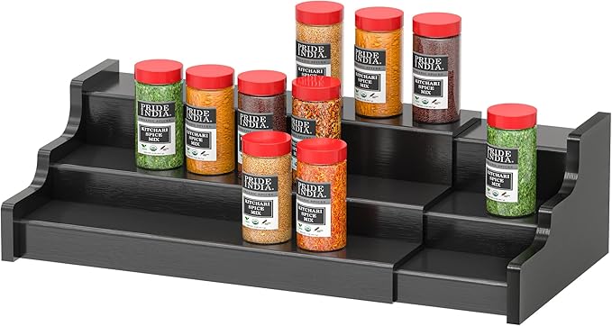 Spice Rack Organizer For Cabinet - 3 Tier Black Bamboo Wooden Expandable Display Shelf from 12.70 to 22.20 inch