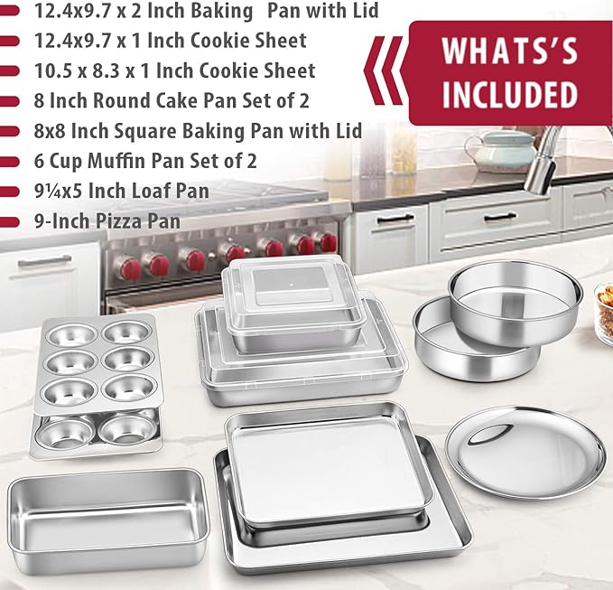 E-far 12-Piece Stainless Steel Bakeware Sets, Metal Baking Pan Set Include Round Cake Pans, Square/Rectangle Baking Pans with Lids, Cookie Sheet, Loaf/Muffin/Pizza Pan, Non-toxic & Dishwasher Safe