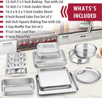 E-far 12-Piece Stainless Steel Bakeware Sets, Metal Baking Pan Set Include Round Cake Pans, Square/Rectangle Baking Pans with Lids, Cookie Sheet, Loaf/Muffin/Pizza Pan, Non-toxic & Dishwasher Safe