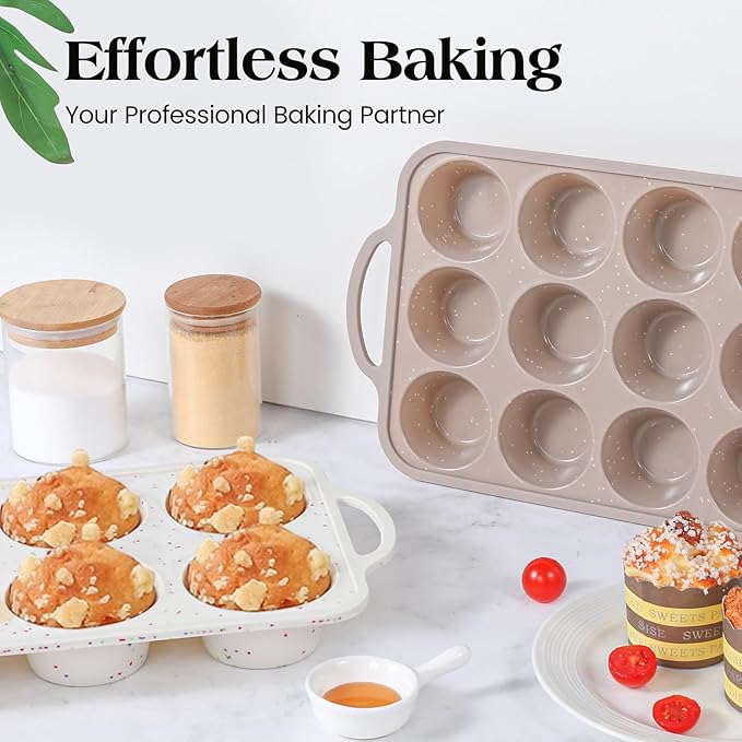 Vinino 2Packs Silicone Muffin Pans for Baking with Metal Reinforced Frame, 12 Cups Regular and 6 Cups Jumbo Nonstick Cupcake Pan, BPA Free Oven Dishwasher Safe Baking Mold for Muffins Cupcakes
